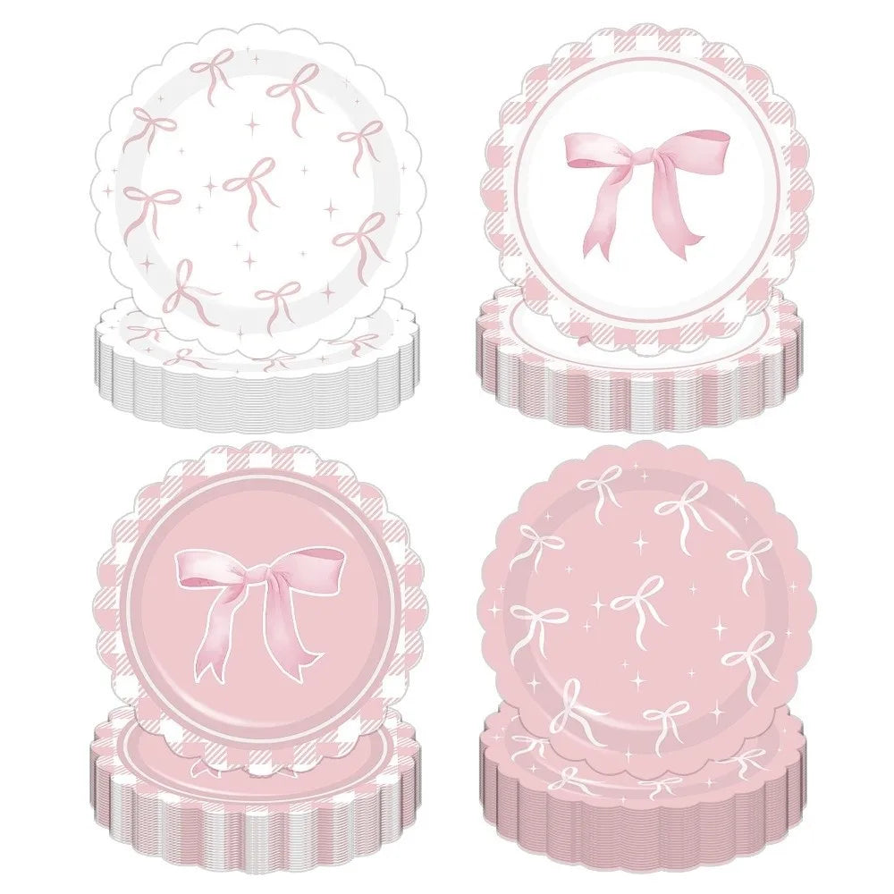 10pcs Paper Plates Bow Themed Party Decoration Bow Shape Pink Color Disposable Tableware Set Coquette Style Disposable Material
