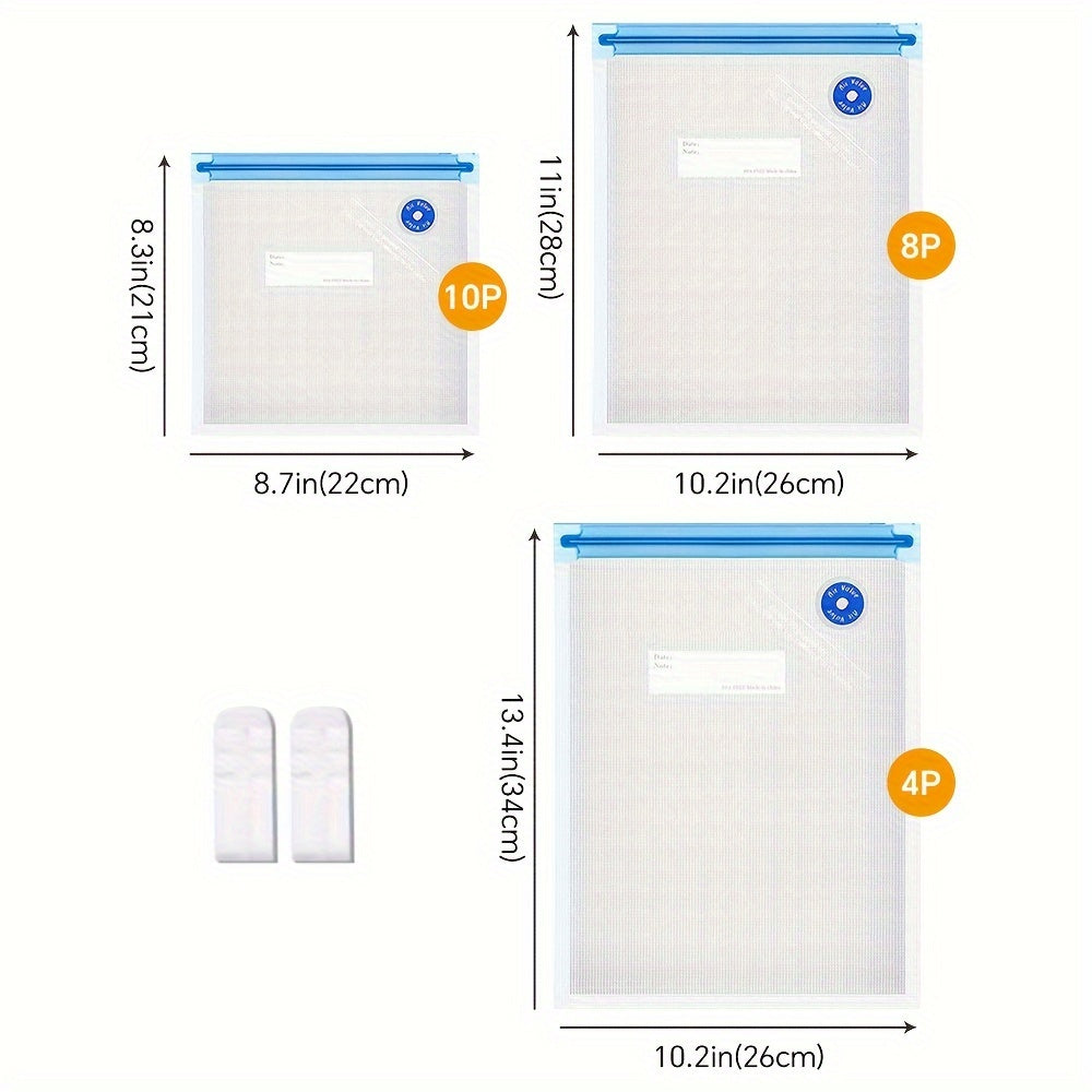 22 Reusable Food Vacuum Sealing Bags, 3 Sizes of Food Preservation Bags, with 2 Sealing Clips, for Food Storage and Low Temperature Cooking, Vacuum Food Bags, Refrigerator, Cereal Storage Sealing Bags, Convenient to Carry